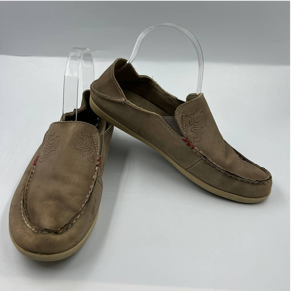 OluKai Nohea Nubuck Leather Stamped Loafers Slip-Ons Taupe Womens Size 9.5 20174 - Picture 1 of 11